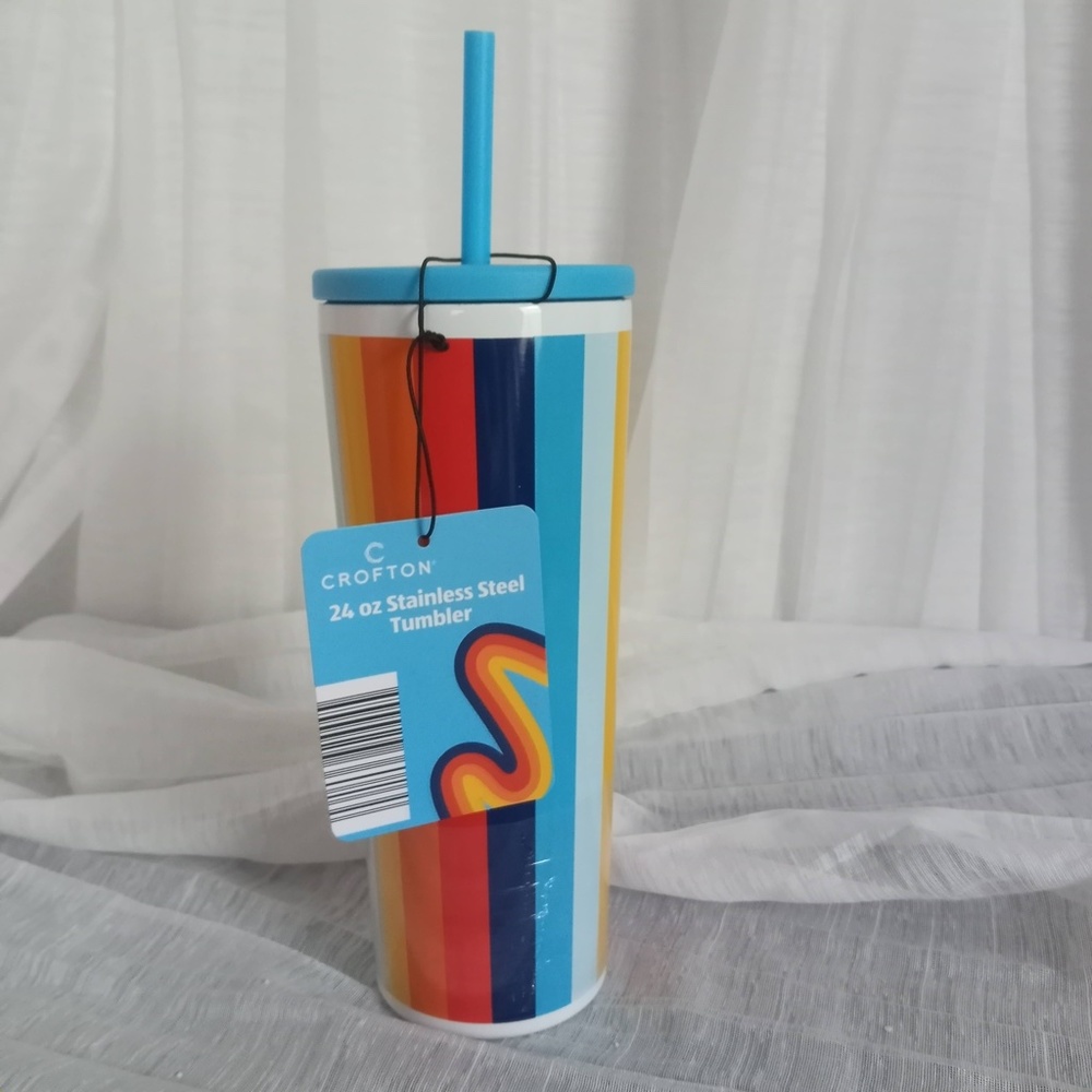 ALDI Super Fan Stainless Tumbler NEW Rainbow Striped 2023 To Go Mug 24oz NWT - Picture 5 of 5